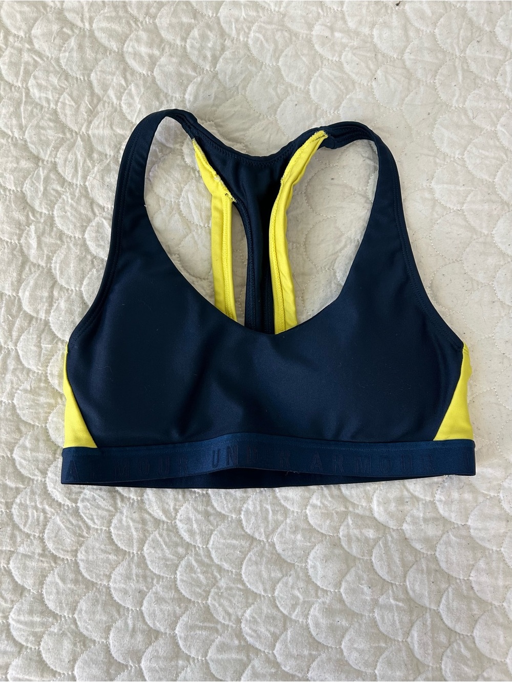 Under Armour Navy with Yellow Trim Racerback Sports Bra - built in padding